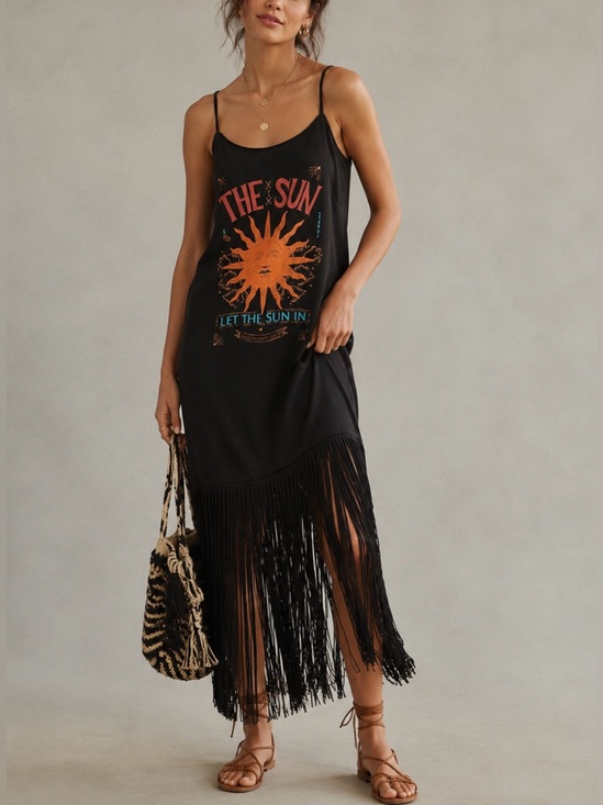 FARM Rio Dresses & Skirts - Anthropologie Farm Rio Slim Fringe Maxi Dress XS Black Celestial Motif Festival